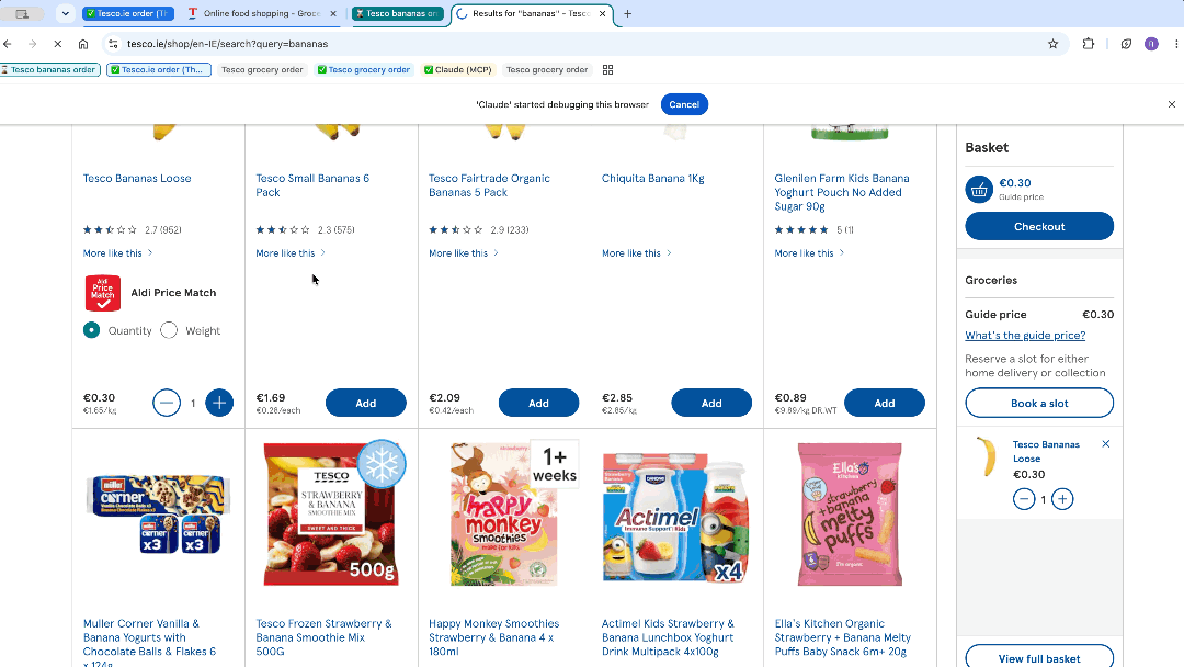 Claude placing a Tesco order from a plain checklist
